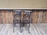 two stools that are sitting in front of a counter
