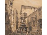 painting of a street scene with a fountain in the middle of the street