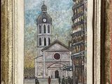 an oil painting of a church with a clock tower in the middle of it