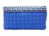 a close up of a blue purse on a white background