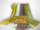 a gold purse sitting on top of a table next to a scarf