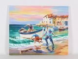 un tableau représentant deux personnes sur une plage avec un bateau