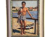 tableau représentant un homme debout sur une plage, tenant une serviette