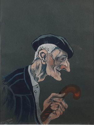 painting of an old man with a hat and a cane