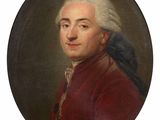 an old painting of a man in a red coat with a bird on his shoulder