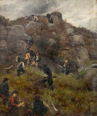 tableau représentant un groupe d'hommes sur une colline, avec un cheval