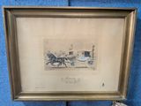 framed picture of a horse drawn carriage with a man in it