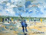 a painting of people on the beach flying kites