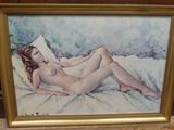 an oil painting of a nude woman laying on a bed