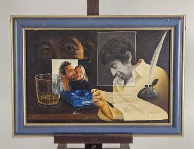a painting of a man and a woman sitting at a desk