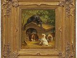 un tableau représentant des chiens et des chats dans un décor boisé