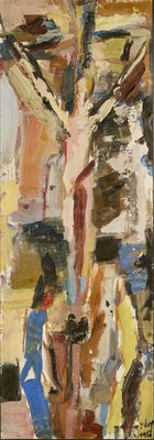 an oil painting of a man on a cross with people around him