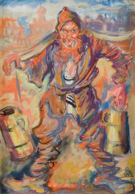an oil painting of a man with a beard and a hat holding a jug