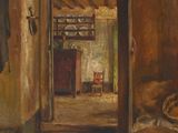 an image of a painting of a hallway with a chair and coat rack
