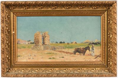 a painting of two horses in a field with a building in the background