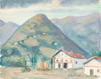 an oil painting of a farm scene with a mountain in the background