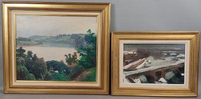 two framed paintings of a river and a bridge on a wall