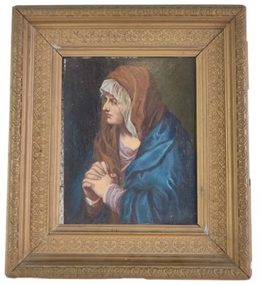 une peinture ancienne représentant une femme tenant un bébé dans ses bras