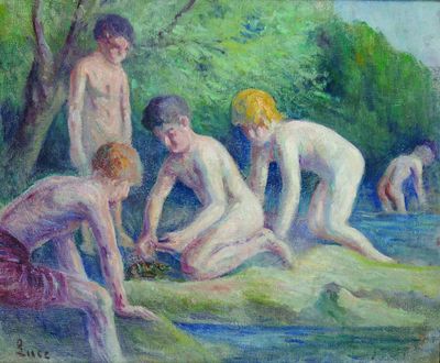 tableau représentant un groupe d'hommes nus se baignant dans une rivière