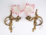 pair of antique brass wall sconces with pink and white glass flowers
