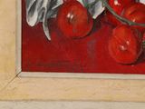 a painting of cherries and leaves on a red surface