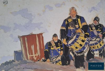 un tableau représentant un groupe d'hommes en uniforme jouant du tambour