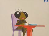 cartoon of a bug sitting at a table with a plate of food