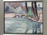 a picture of a painting of a river with trees in it