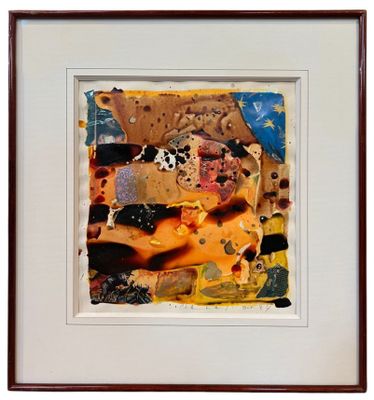 framed photograph of a picture of an abstract painting with a brown frame