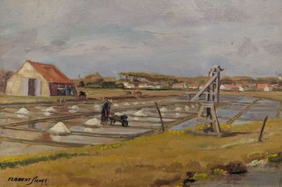 tableau représentant une scène de vie à la ferme avec un homme et un chien dans l'eau