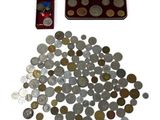 a lot of coins in a red case and a wallet