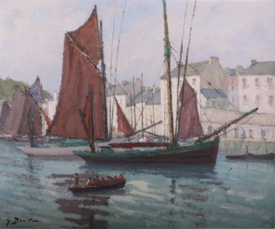 une peinture représentant un bateau dans l'eau avec d'autres bateaux dans l'eau