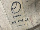 a close up of a wooden barrel with a logo on it