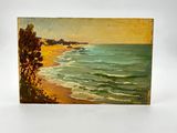 an image of a painting of a beach scene on a white background