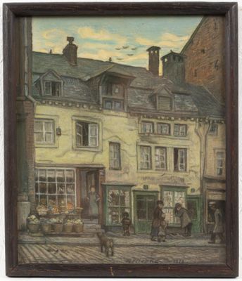 an image of a painting of a street scene with people and buildings