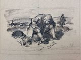 drawing of a man kneeling in the sand with a dog