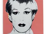 a painting of a woman ' s face on a pink background