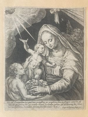une gravure représentant la Vierge à l'Enfant entourée d'anges