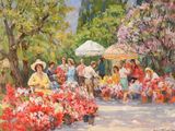 tableau représentant un marché aux fleurs où des gens vendent des fleurs et des parapluies