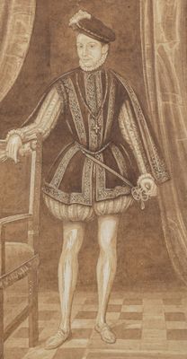 un vieux dessin représentant un homme vêtu d'une tenue noire et blanche, debout à côté d'une chaise
