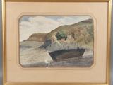 une image d'un tableau représentant un bateau sur la plage