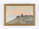 une peinture à l'huile représentant une église située sur une colline surplombant l'océan