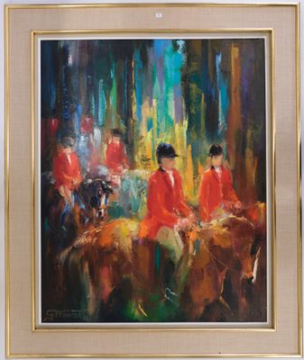 an oil painting of a group of people riding horses in a forest