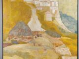 une image d'un tableau représentant un village sur une colline