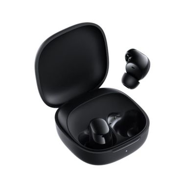 a pair of black earphones in a case on a white background