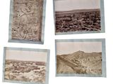 four black and white photos of a desert landscape with a few buildings