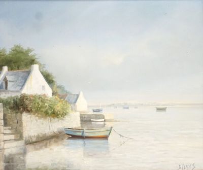 une peinture d'un bateau dans l'eau près d'un bâtiment