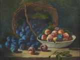 tableau représentant un bol de prunes et un panier de prunes posés sur une table