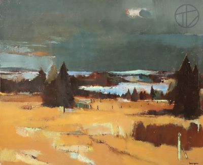 une peinture à l'huile représentant un champ avec des arbres et le ciel en arrière-plan