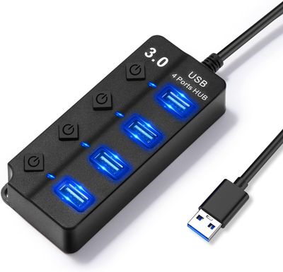 a close up of a usb hub with blue lights on it